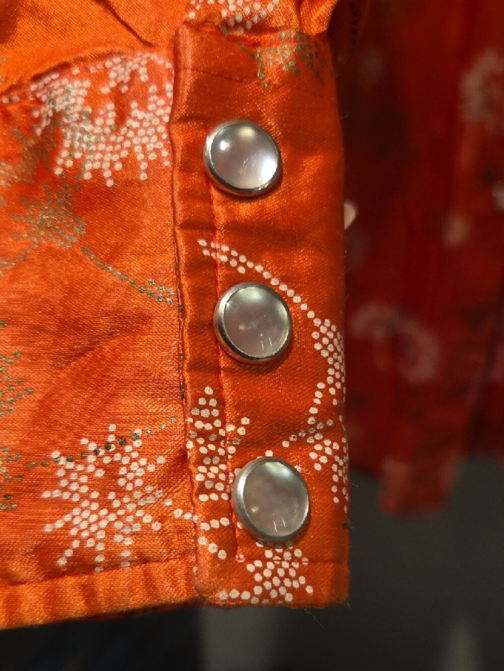 Women's Vintage Western H Bar C Orange Floral Satin Pearl Snap Shirt - Picture 3 of 8